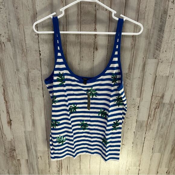 New J.Crew Striped tank top w/ sequin palm leaves BRILLIANT SAPPHIRE IVORY G4869 - Picture 2 of 8